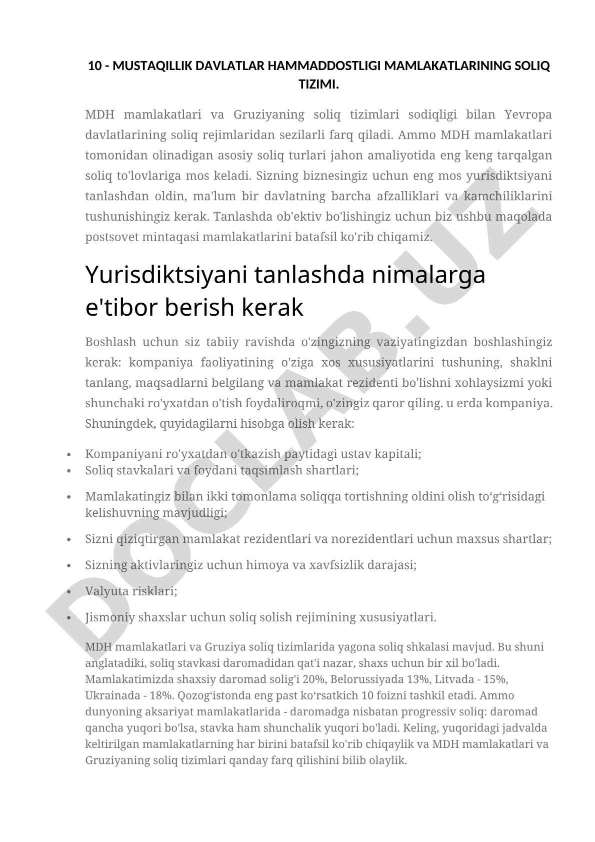 MUSTAQILLIK DAVLATLAR HAMMADDOSTLIGI MAMLAKATLARINING SOLIQ TIZIMI