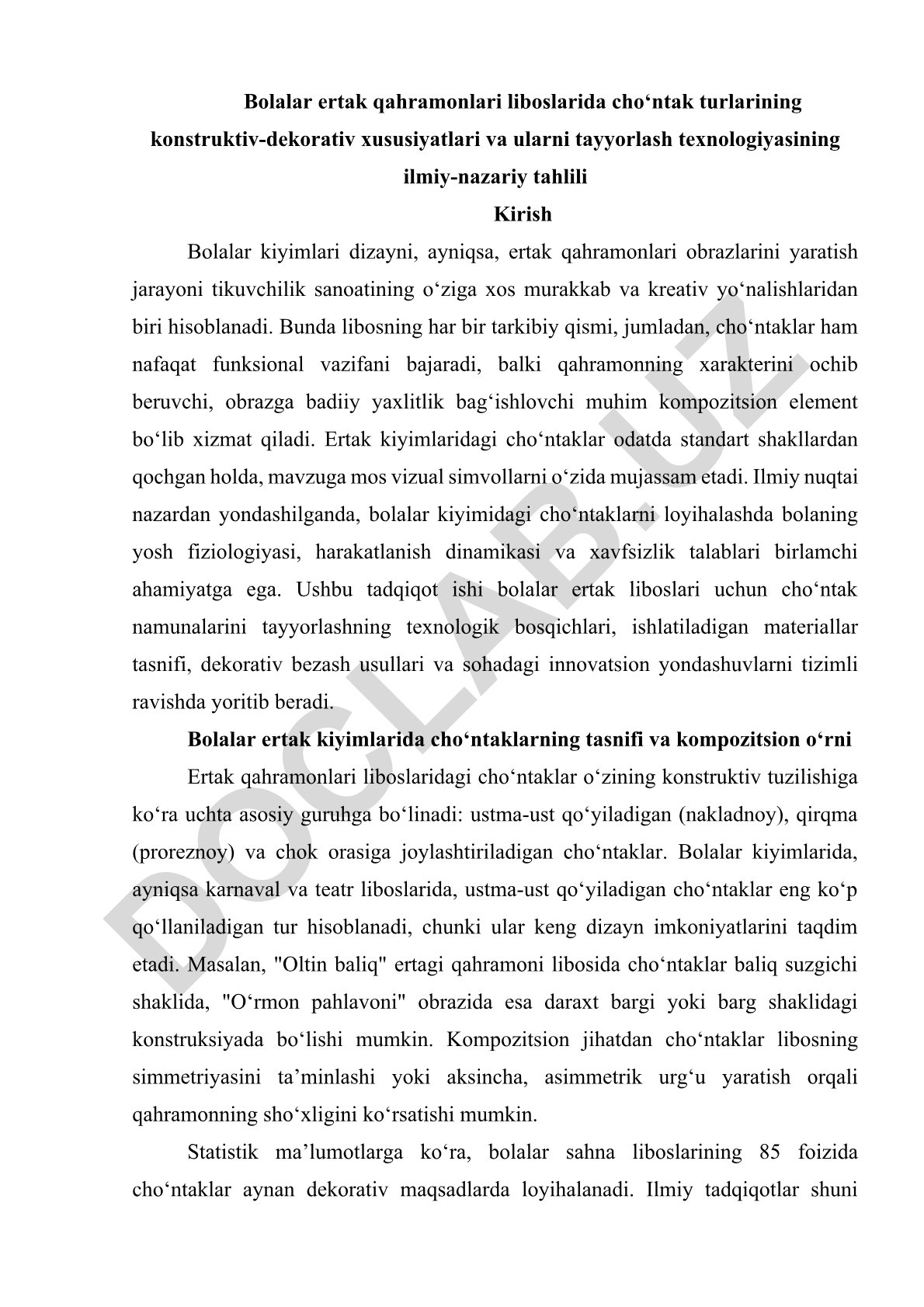 Bolalar ertak qahramonlari liboslarida cho‘ntak turlarining konstruktiv-dekorativ xususiyatlari va tayyorlash texnologiyasi