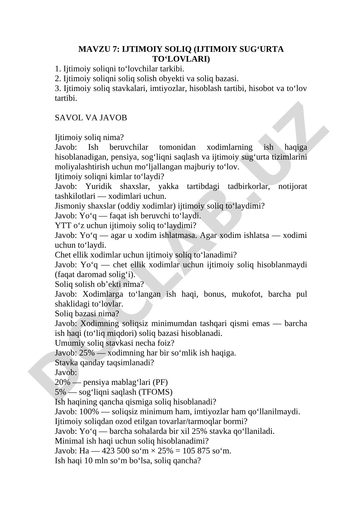 MAVZU 7: IJTIMOIY SOLIQ (IJTIMOIY SUG‘URTA TO‘LOVLARI) 1