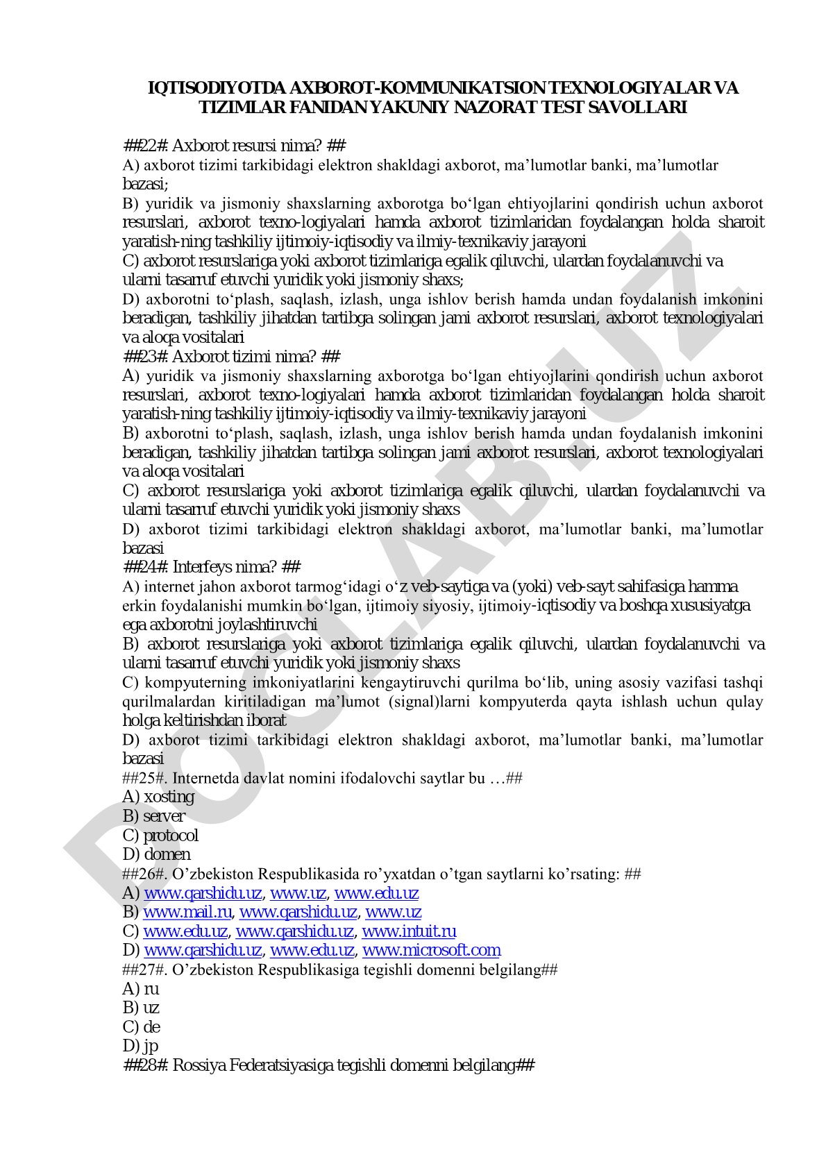 Iqtisodiyotda axborot-kommunikatsion texnologiyalar va tizimlar fanidan yakuniy nazorat test savollari