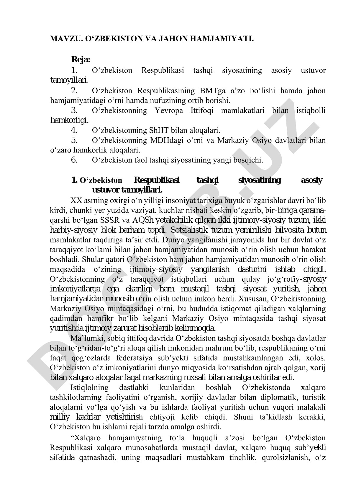 O‘ZBEKISTON VA JAHON HAMJAMIYATI