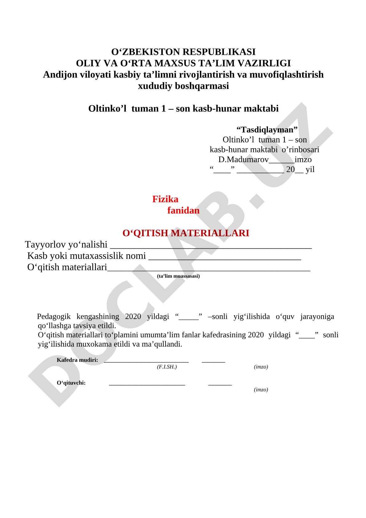 Fizika fanidan o'qitish materiallari