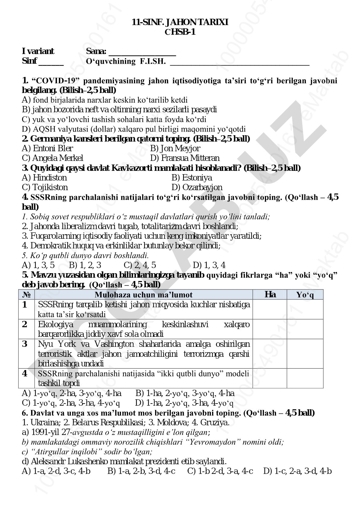 11-sinf Jahon tarixi CHSB-1 I variant