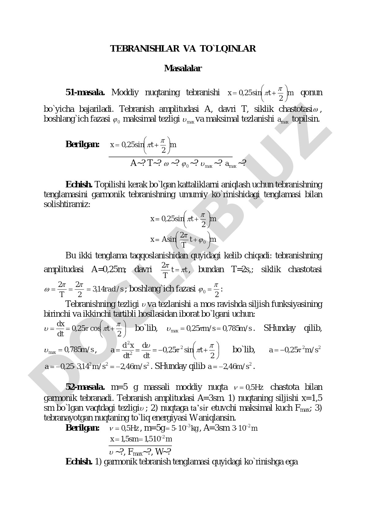 Tebranishlar va to'lqinlarga oid masalalar yechimi