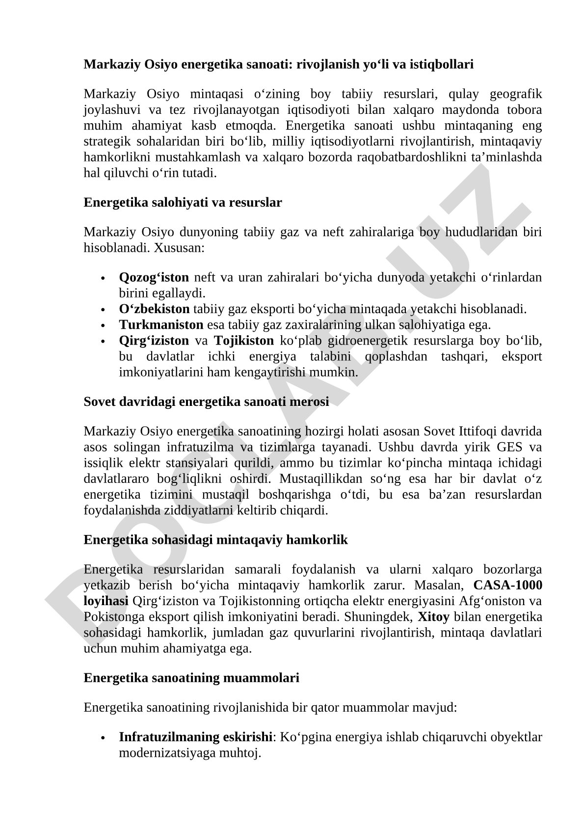 Markaziy Osiyo energetika sanoati: rivojlanish yo‘li va istiqbollari