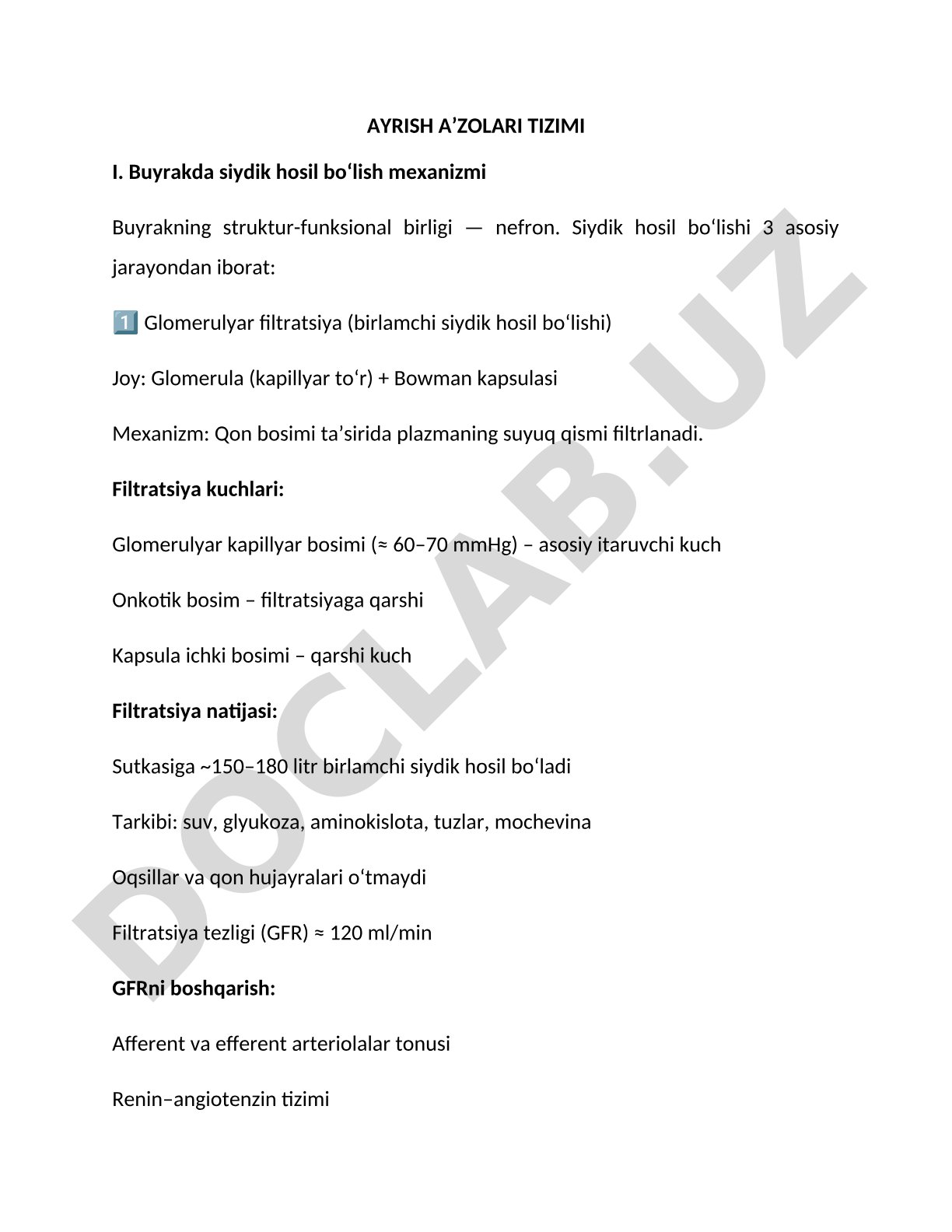 Buyrakda siydik hosil bo'lish mexanizmi