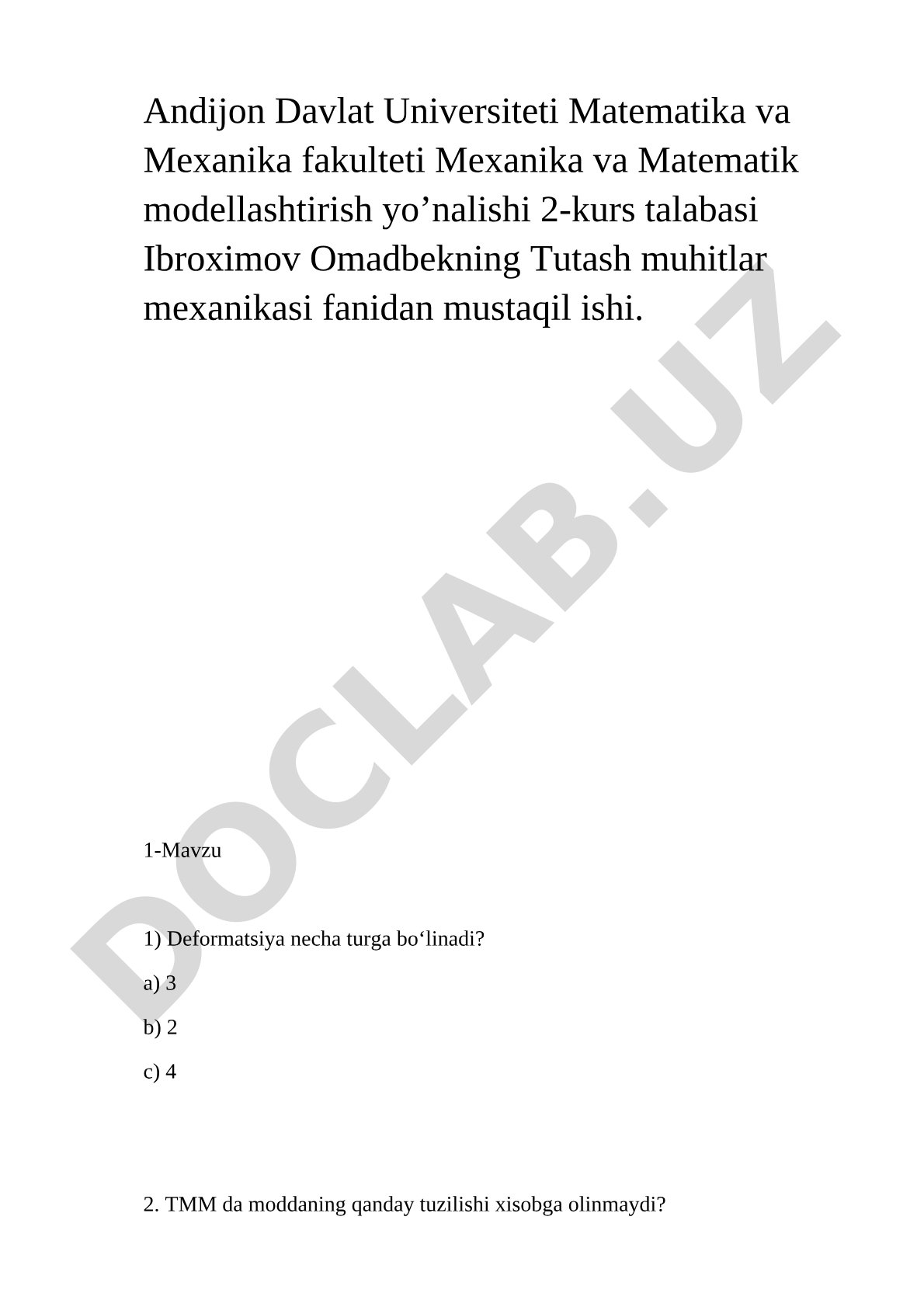 Tutash muhitlar mexanikasi fanidan mustaqil ishi