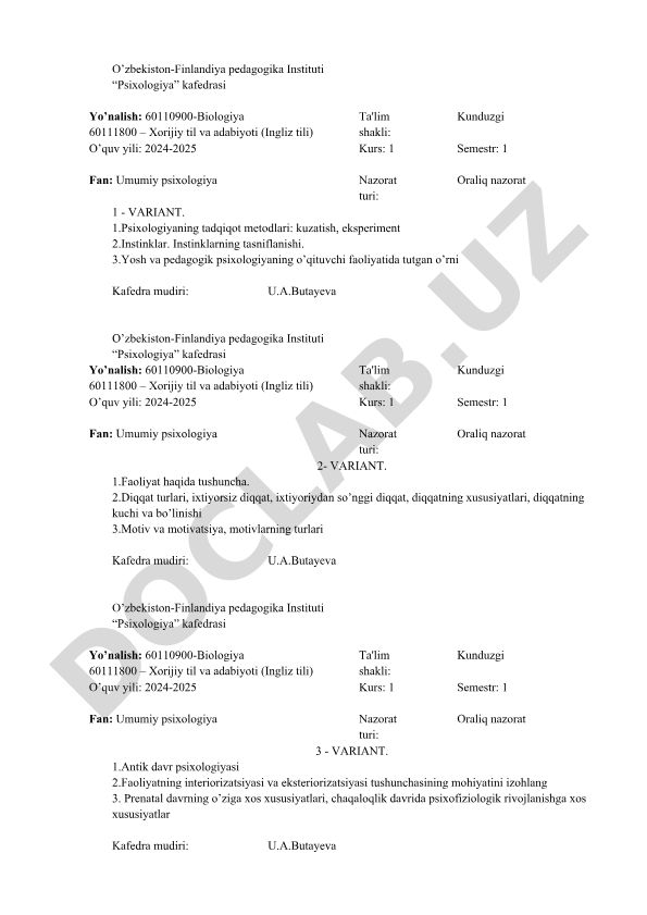 Umumiy psixologiya fanidan oraliq nazorat variantlari