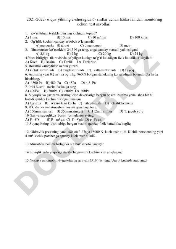 6-sinf fizika fanidan monitoring test savollari