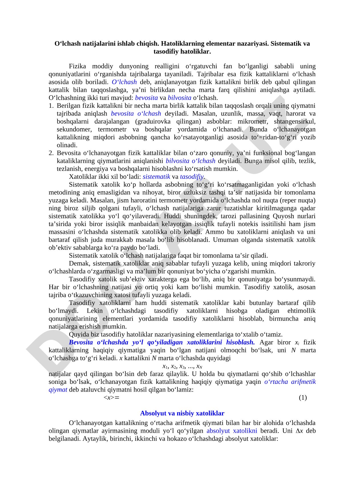 O‘lchash natijalarini ishlab chiqish. Hatoliklarning elementar nazariyasi. Sistematik va tasodifiy hatoliklar