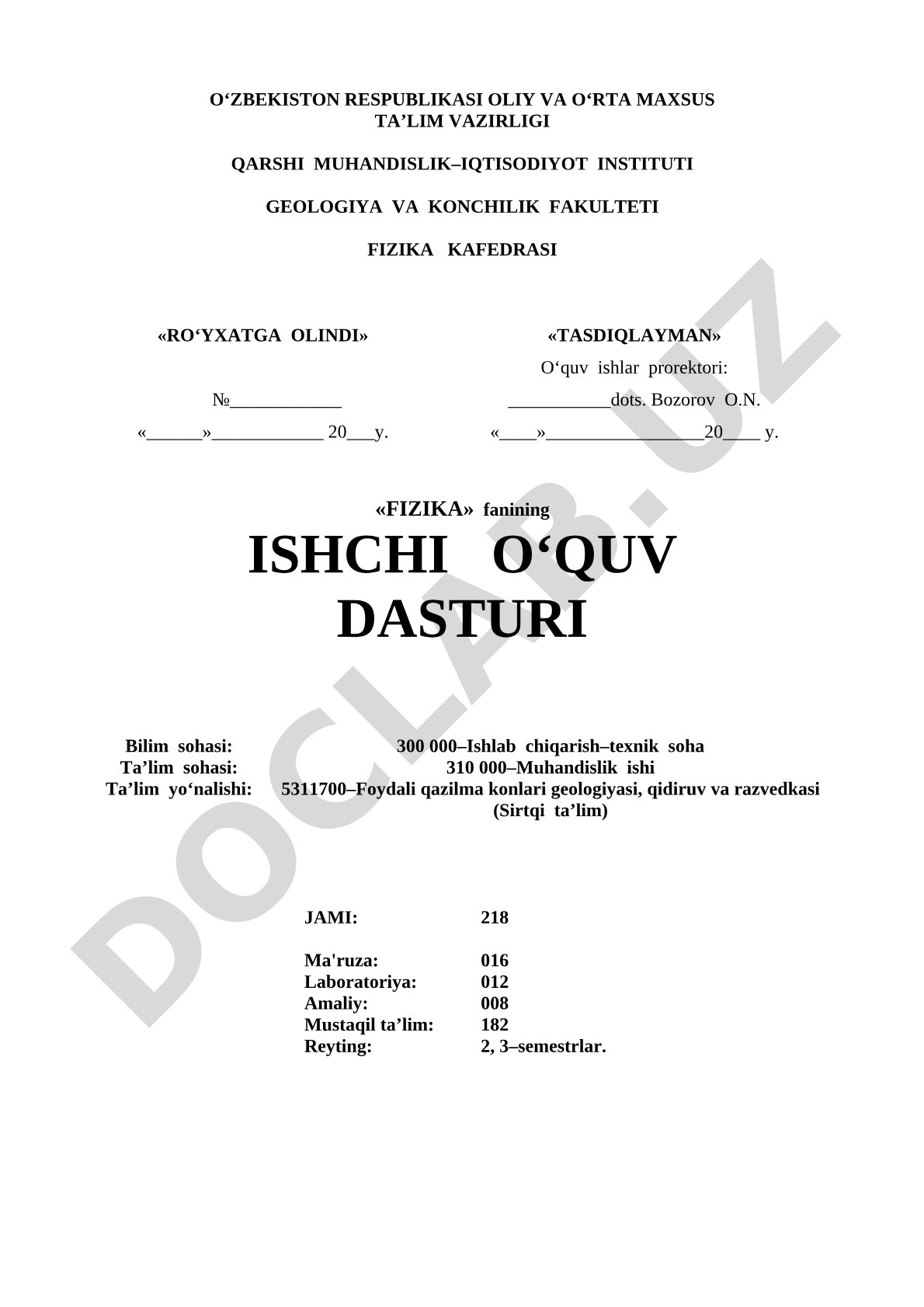 Fizika fanining ishchi o'quv dasturi