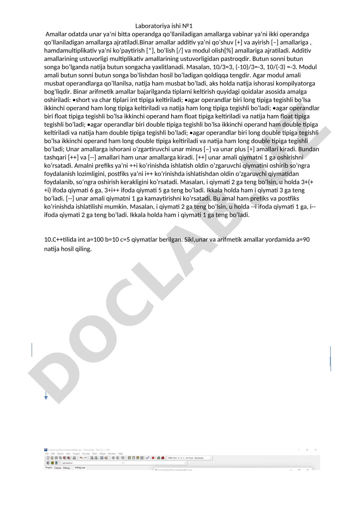 Unar va binar amallar, additiv va multiplikativ amallar, tiplarni keltirish qoidalari