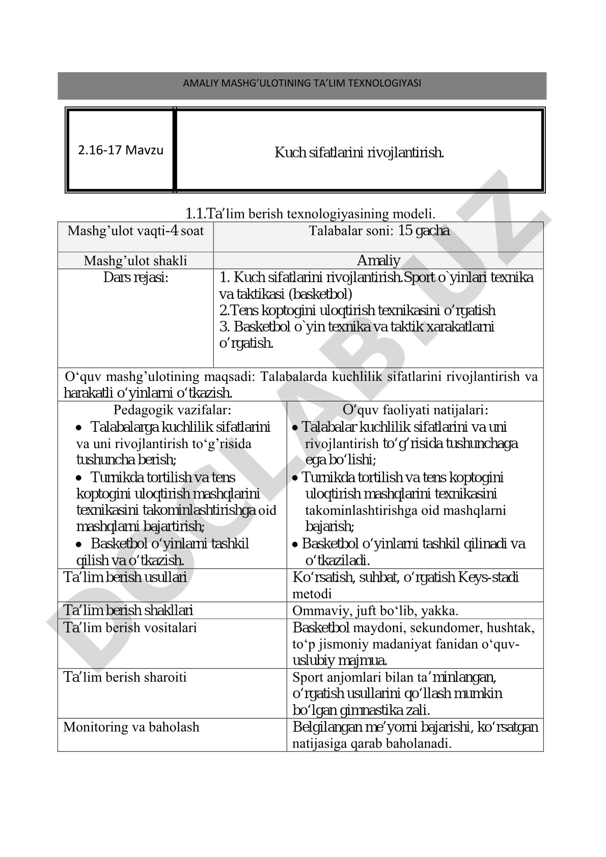 Kuch sifatlarini rivojlantirish va basketbol o'yin texnikasini o'rgatish