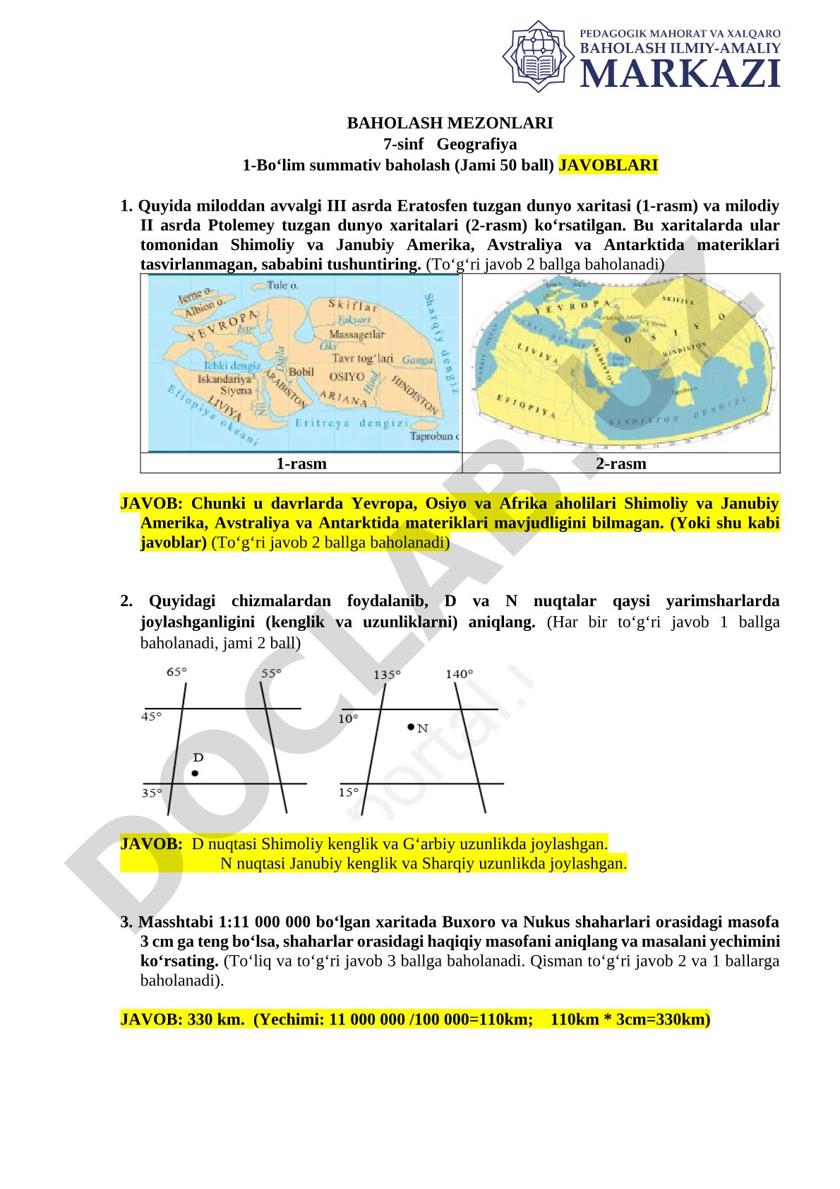 Geografiya 7-sinf 1-bo'lim summativ baholash javoblari