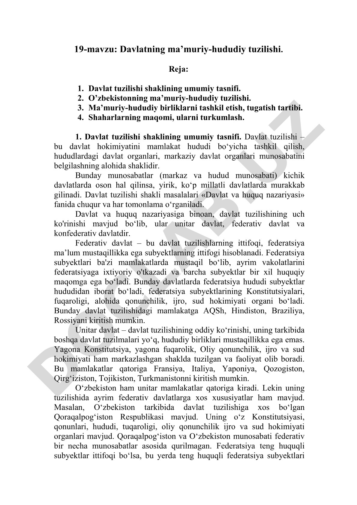 Davlatning ma’muriy-hududiy tuzilishi