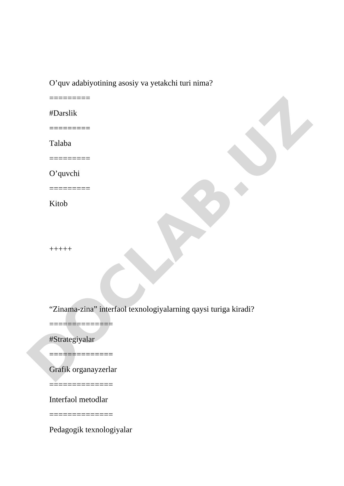 Pedagogika va ta'lim texnologiyalari bo'yicha test savollari