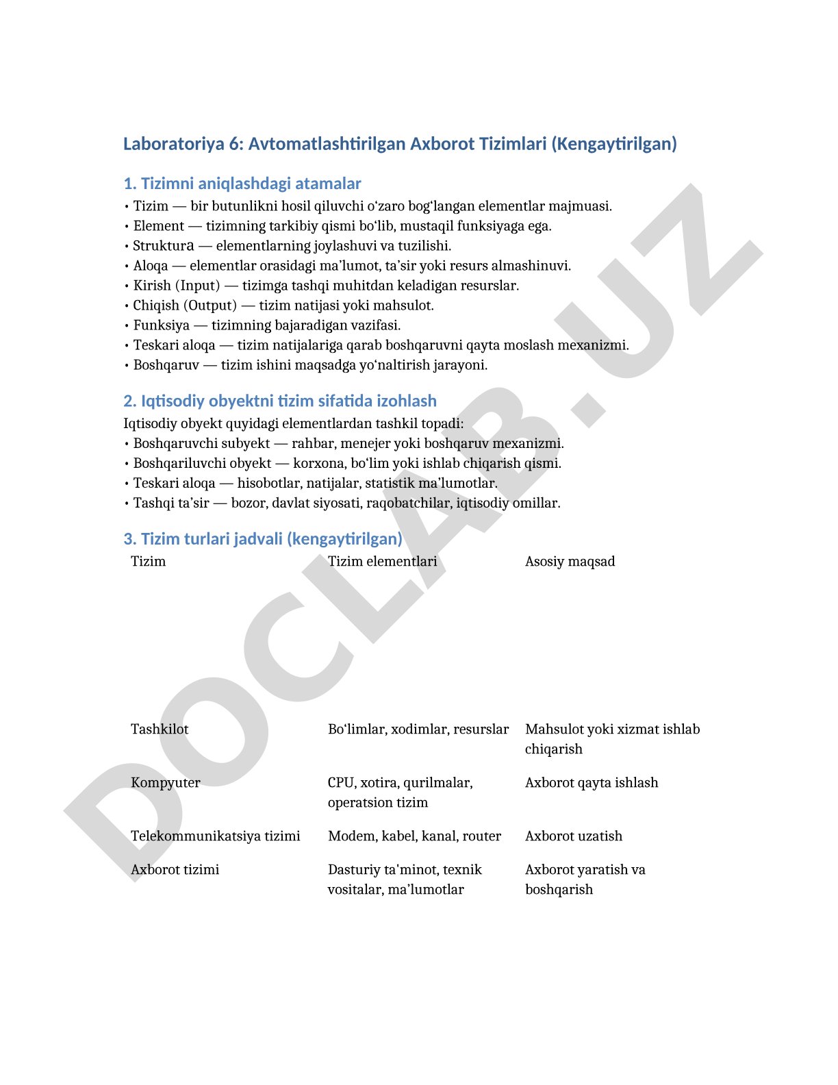 Laboratoriya 6: Avtomatlashtirilgan Axborot Tizimlari (Kengaytirilgan)