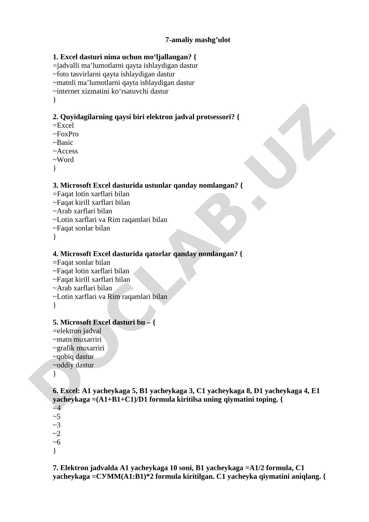 Microsoft Excel dasturi bo'yicha savollar