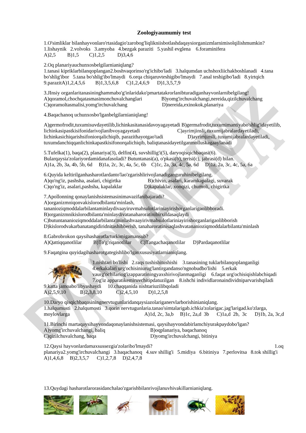 Zoologiya umumiy test