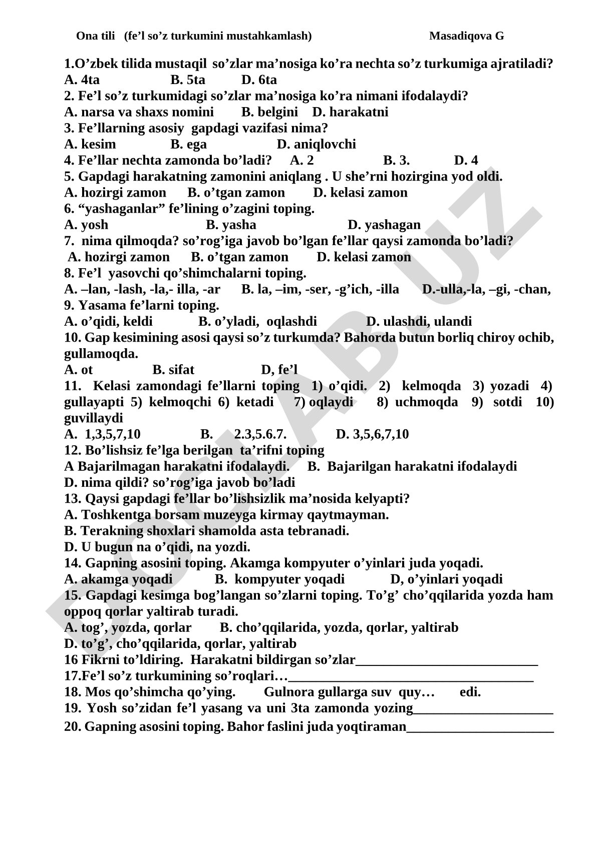 Ona tili (fe’l so’z turkumini mustahkamlash)