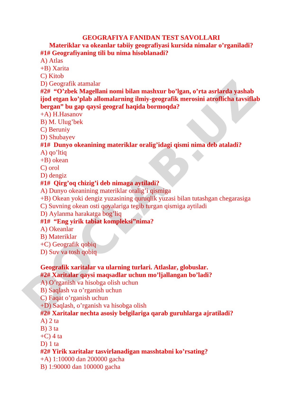 Geografiya fanidan test savollari