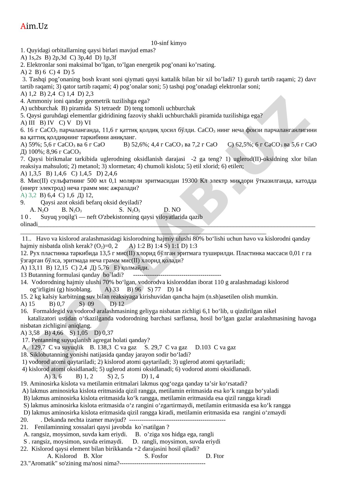 10-sinf kimyo fanidan test savollari