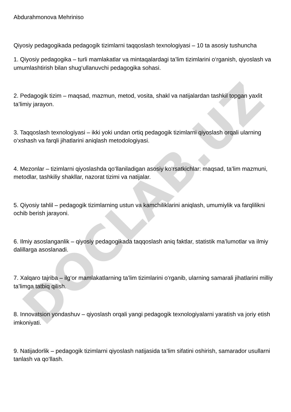 Qiyosiy pedagogikada pedagogik tizimlarni taqqoslash texnologiyasi