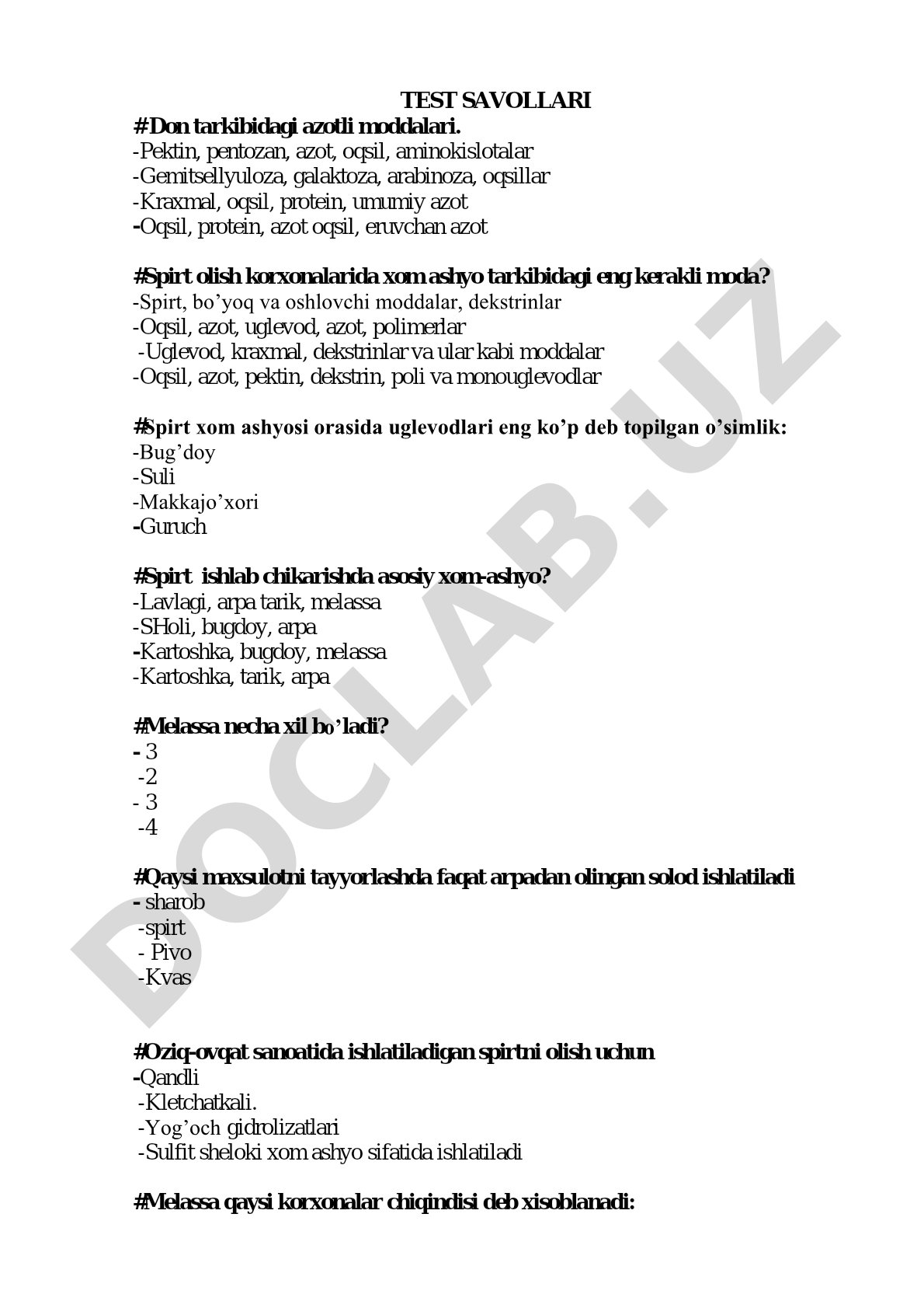 Don tarkibidagi azotli moddalari va spirt ishlab chiqarish