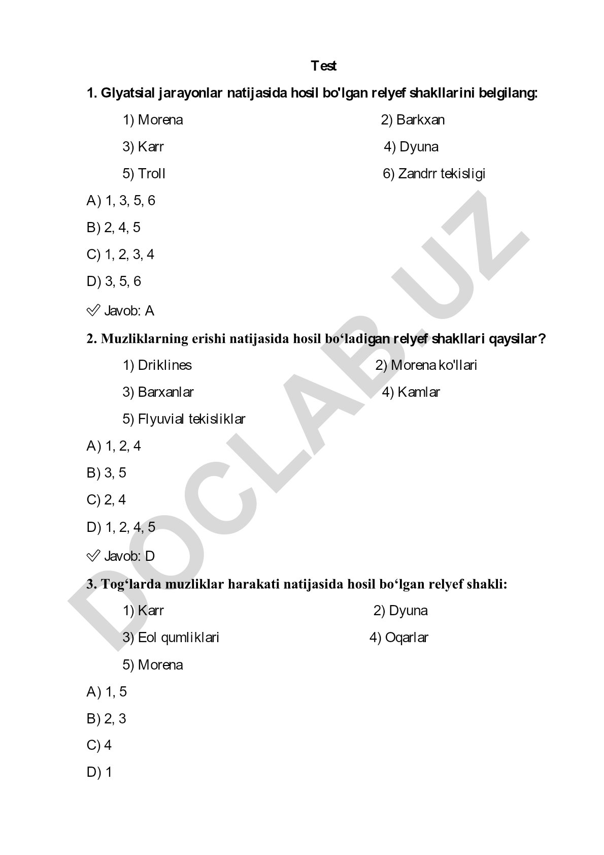 Glyatsial jarayonlar va muzlik relyef shakllari test savollari