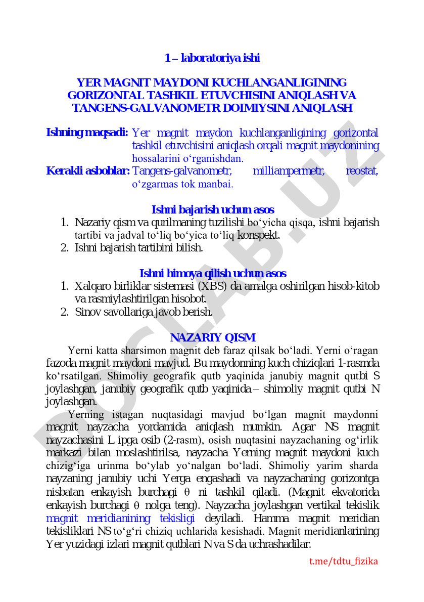 Yer magnit maydoni kuchlanganligi va tangens-galvanometr doimiysini aniqlash