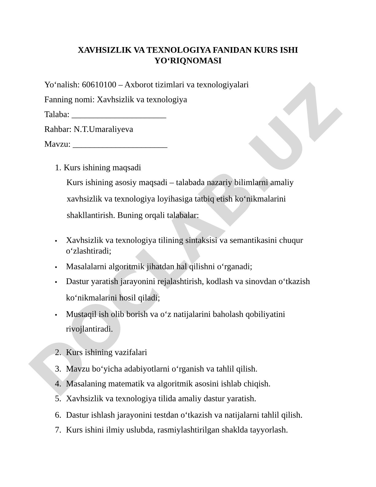 Xavhsizlik va texnologiya fanidan talabalar uchun ko'rsatma