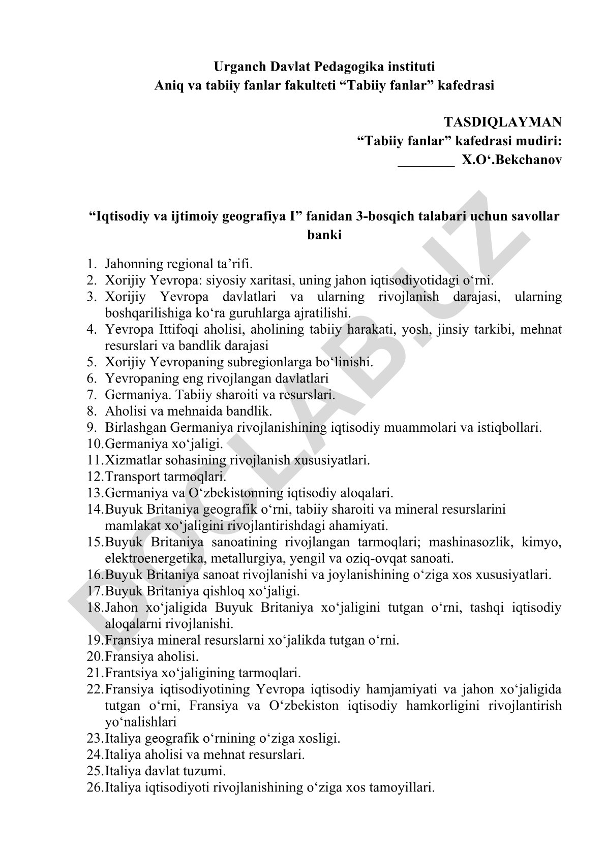 Iqtisodiy va ijtimoiy geografiya fanidan savollar banki