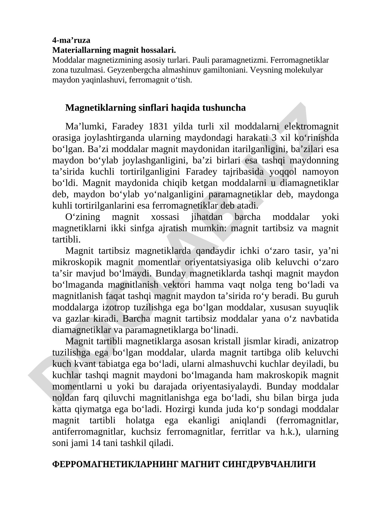 Materiallarning magnit hossalari, magnetizm turlari, Pauli paramagnetizmi va