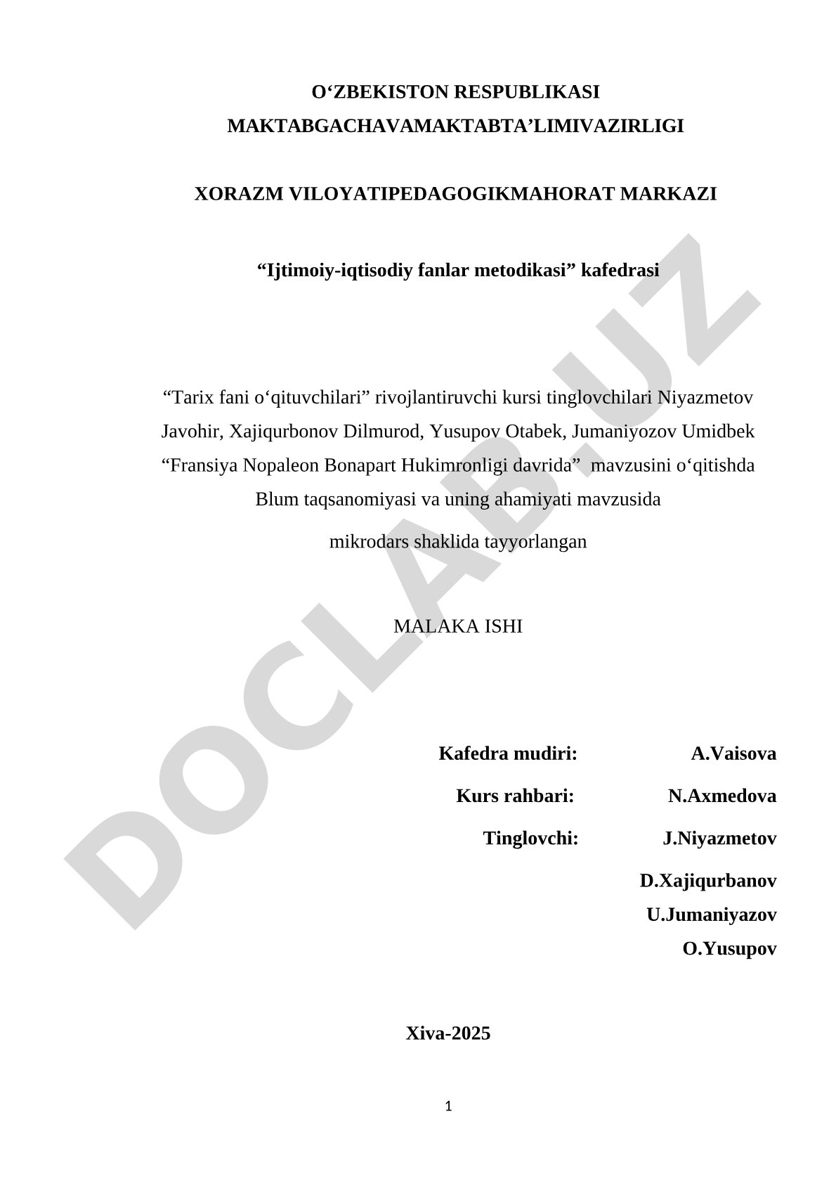 Fransiya Nopaleon Bonapart Hukimronligi davrida mavzusini o‘qitishda Blum taqsanomiyasi va uning ahamiyati