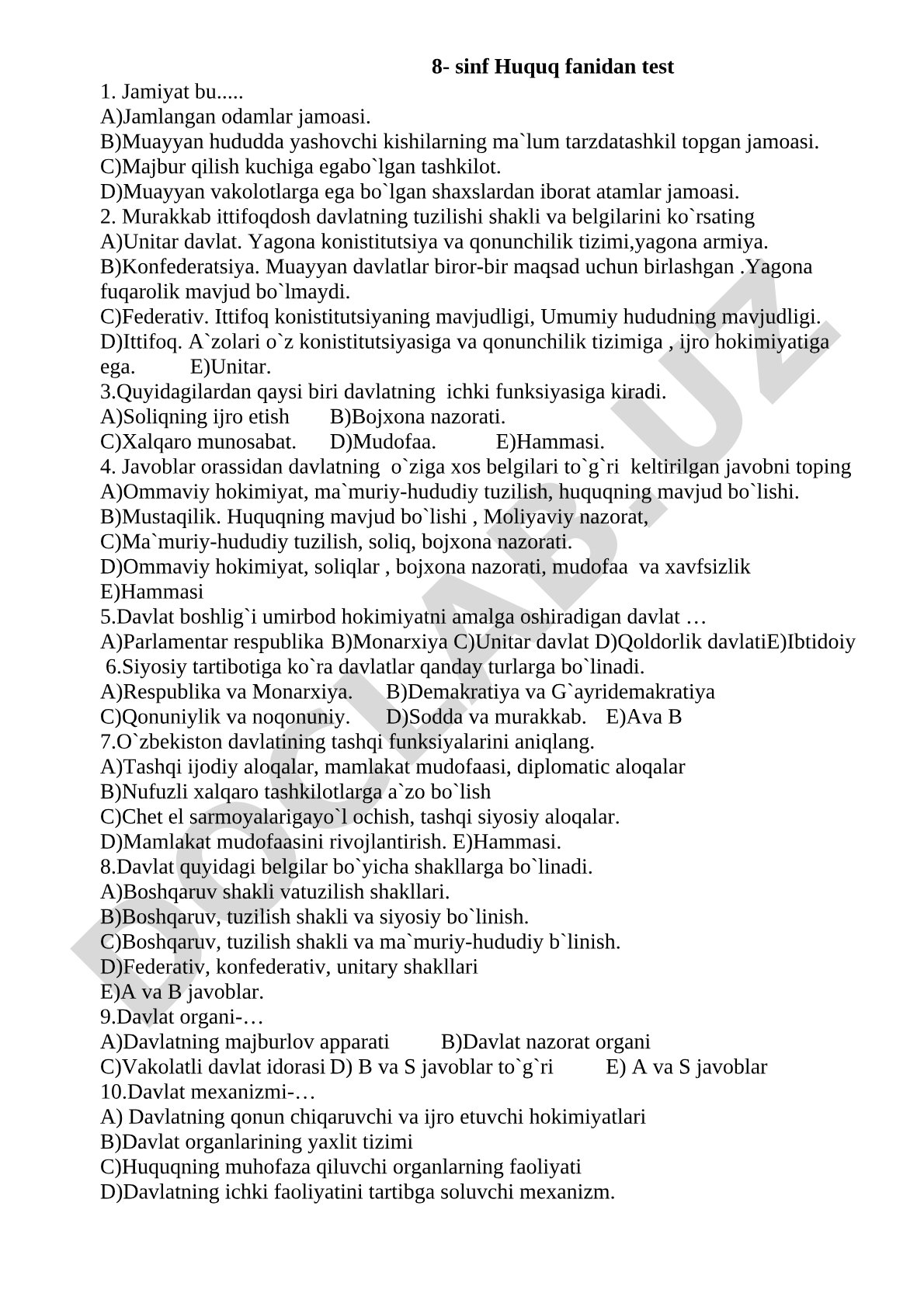 8-sinf Huquq fanidan test