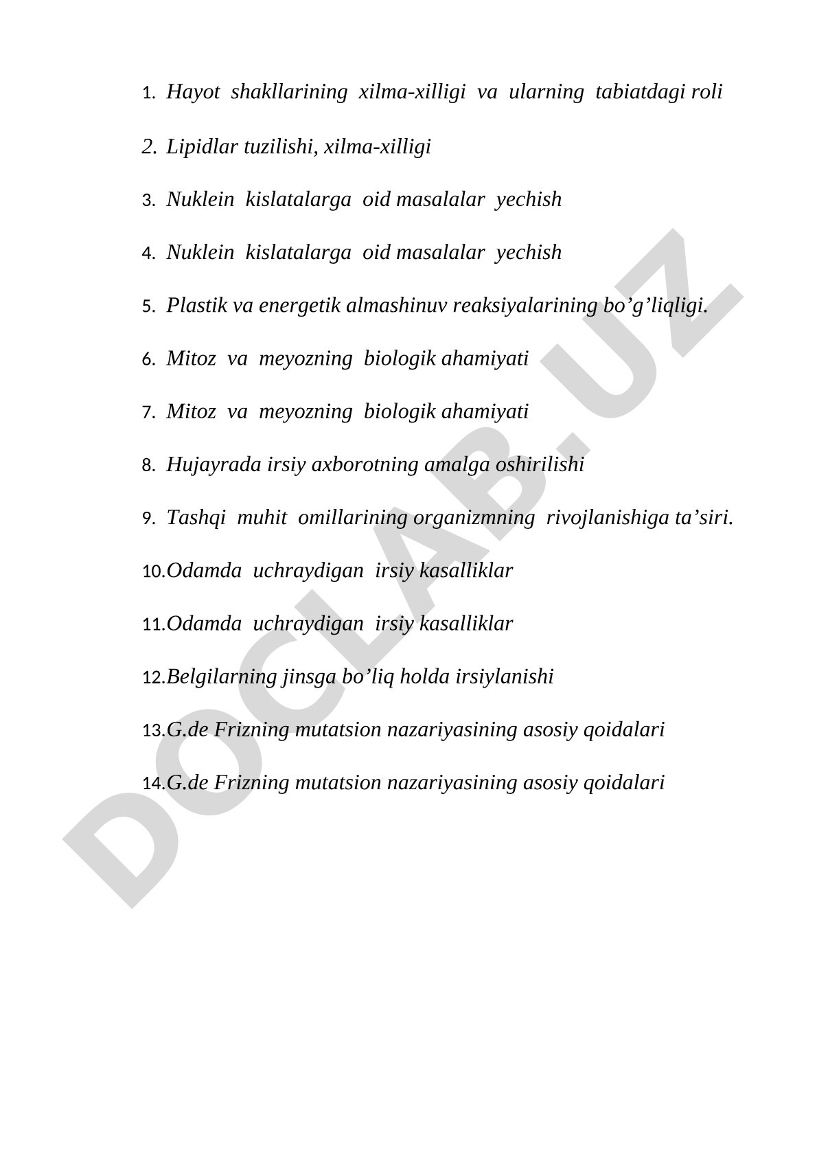 Biologiya fanidan: hayot shakllari, lipidlar, nuklein kislatalar, genetika va mutatsiyalar mavzulari