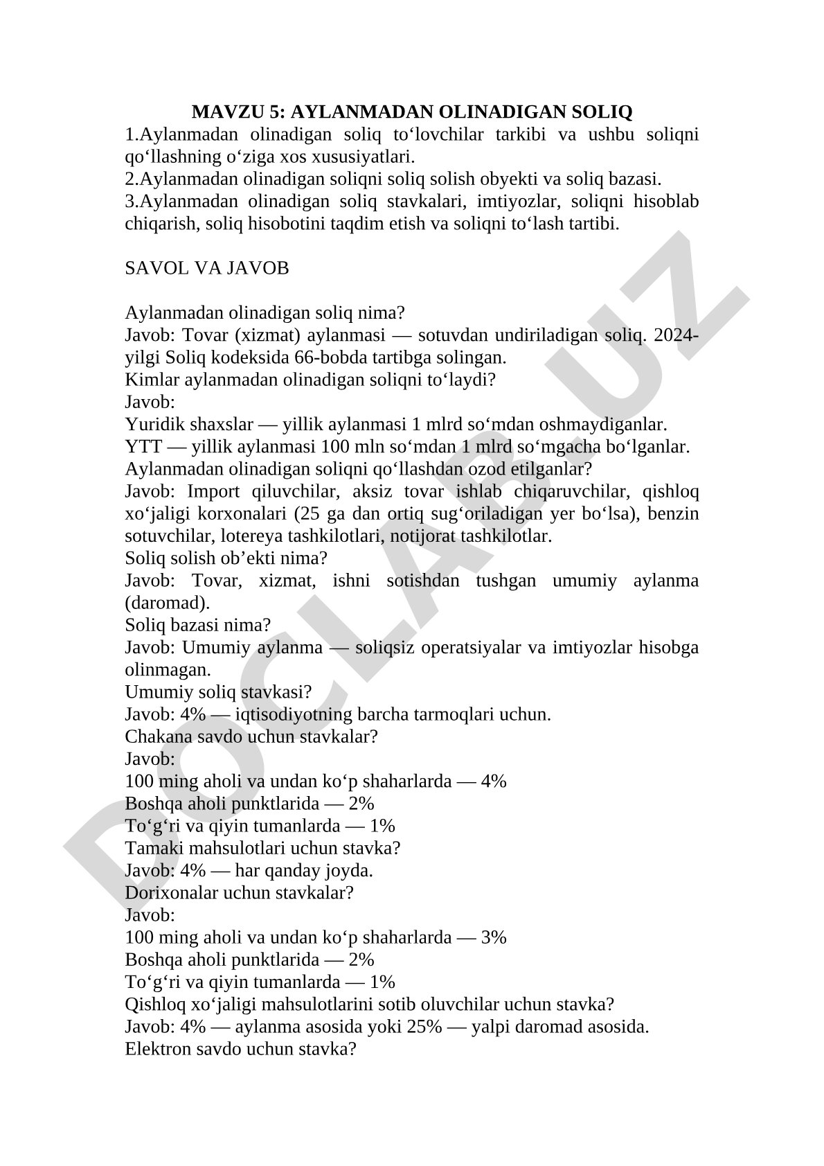 MAVZU 5: AYLANMADAN OLINADIGAN SOLIQ 1.Аylanmadan olinadigan soliq to‘lovchilar tarkibi va ushbu sol
