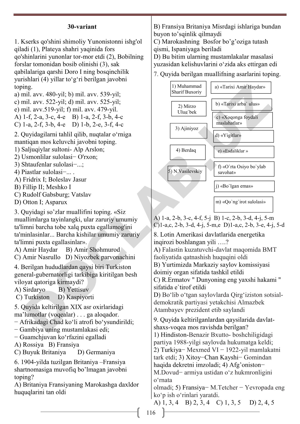 Tarix fanidan 30-variant test savollari
