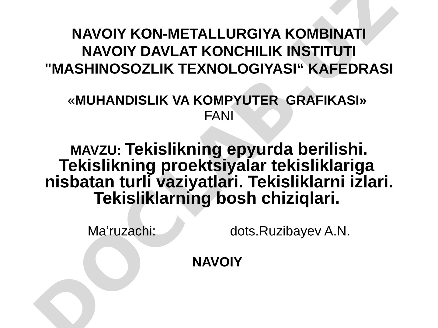 Tekislikning epyurda berilishi. Tekislikning proektsiyalar tekisliklariga nisbatan turli vaziyatlari. Tekisliklarni izlari. Tekisliklarning bosh chiziqlari