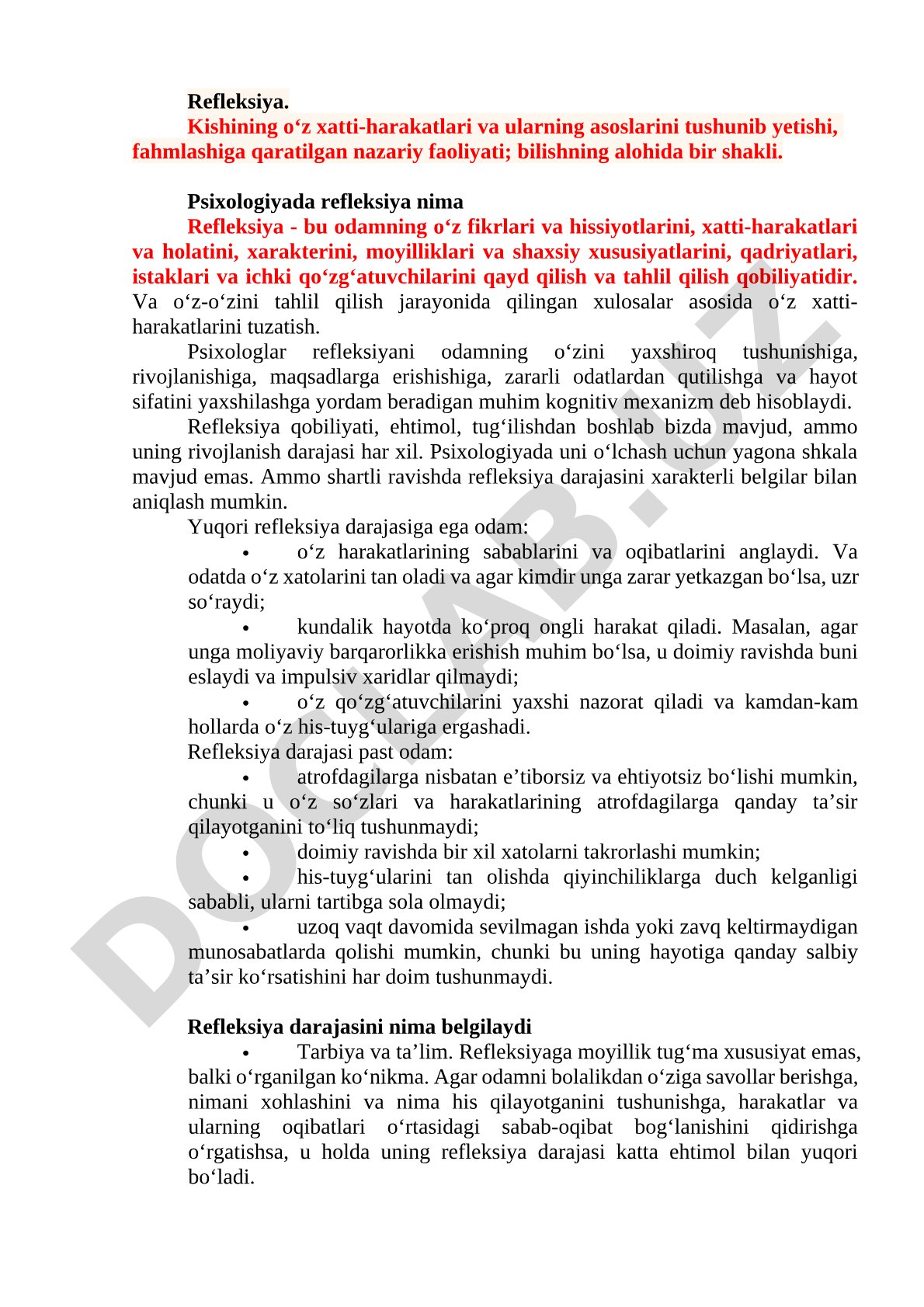 Psixologiyada refleksiya tushunchasi va uning ahamiyati