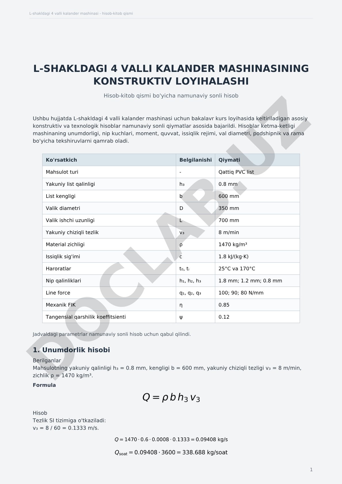 L-shakldagi 4 valli kalander mashinasining konstruktiv loyihalashi
