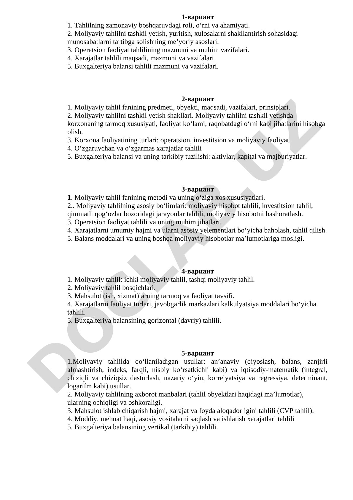 Moliyaviy tahlil fanining predmeti, obyekti, maqsadi, vazifalari, prinsiplari