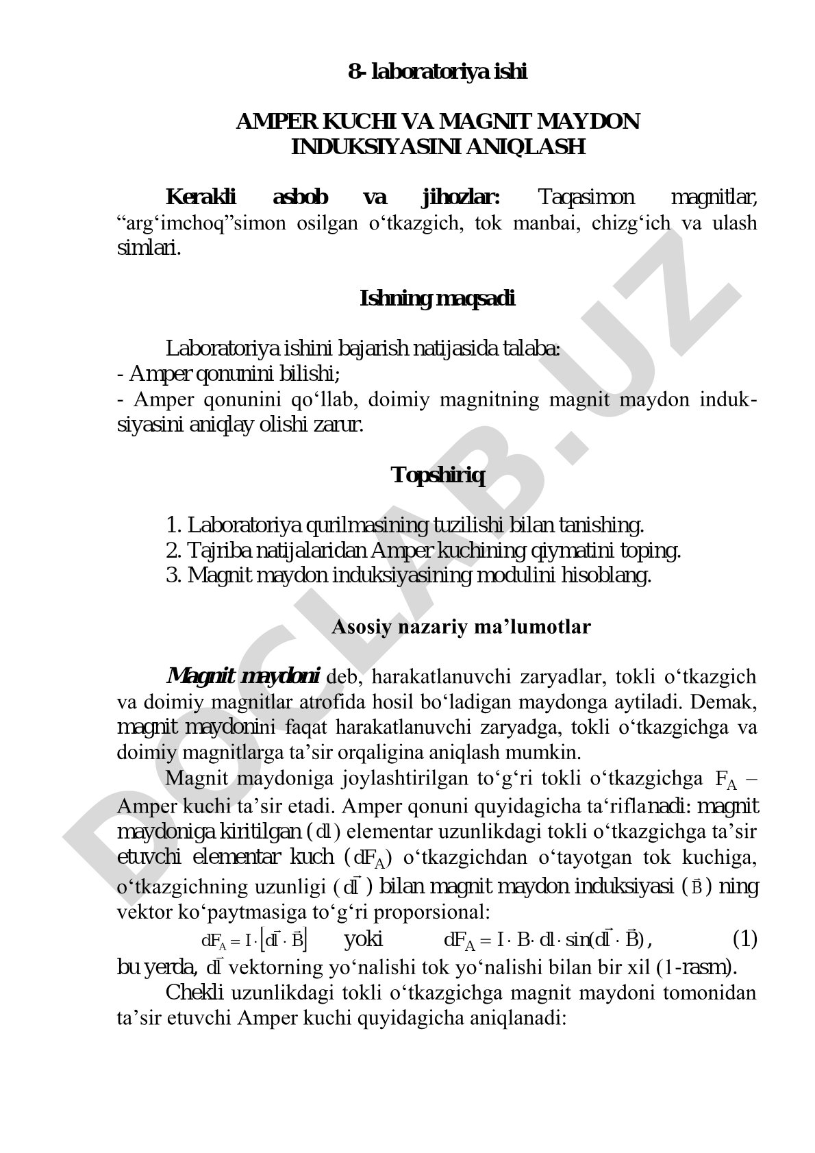 Amper kuchi va magnit maydon induksiyasini aniqlash