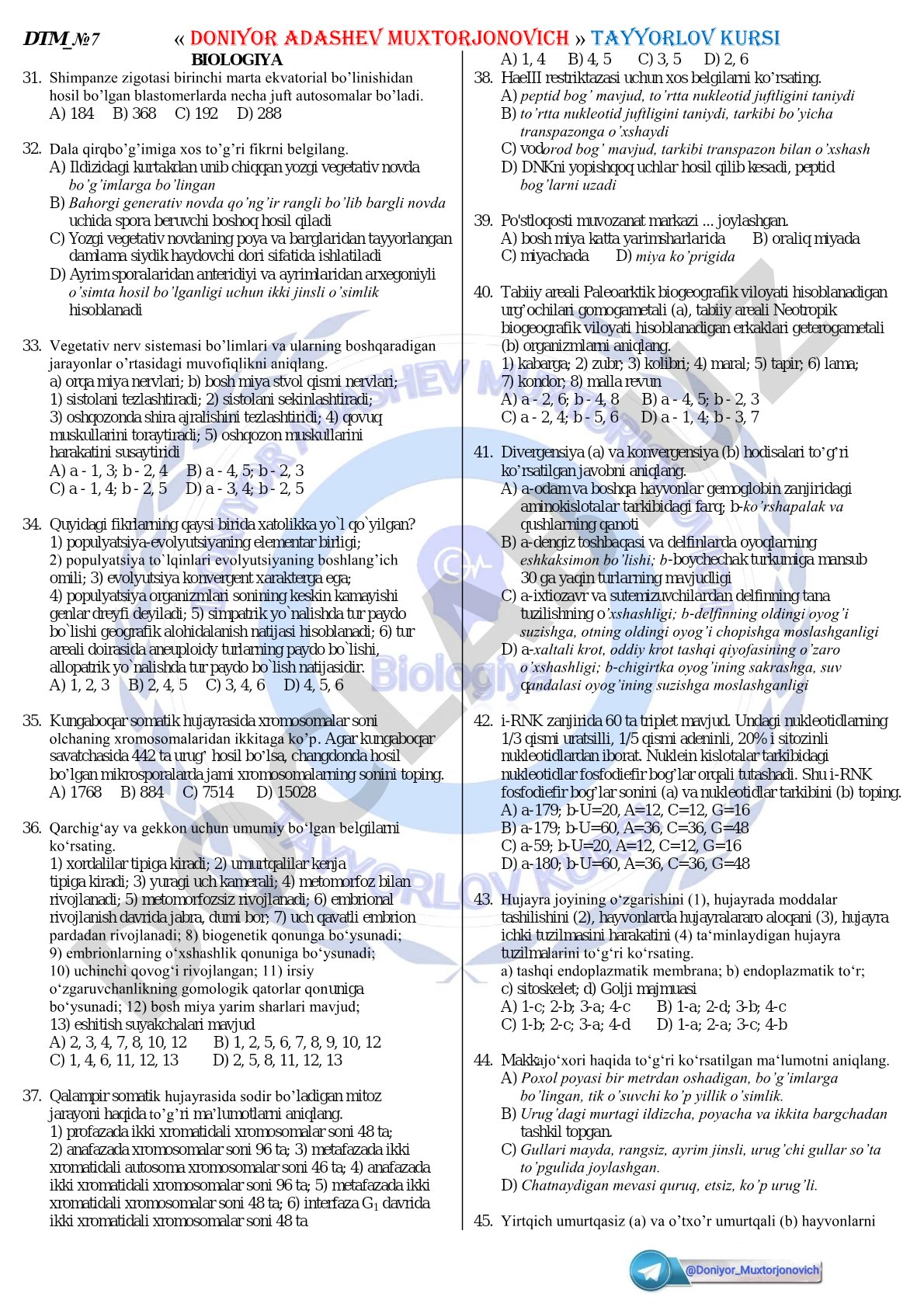 Biologiya test savollari