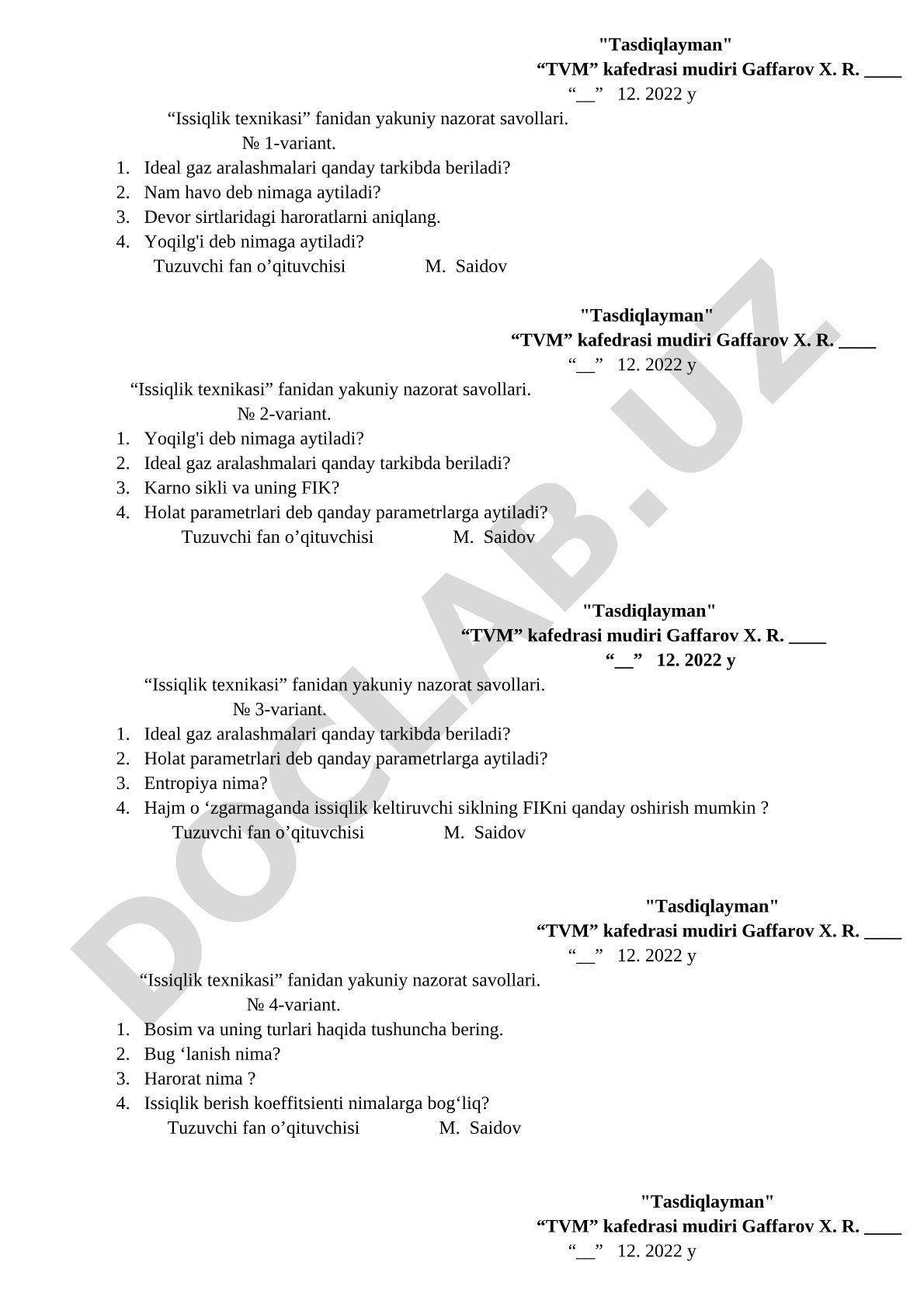 Issiqlik texnikasi fanidan yakuniy nazorat savollari