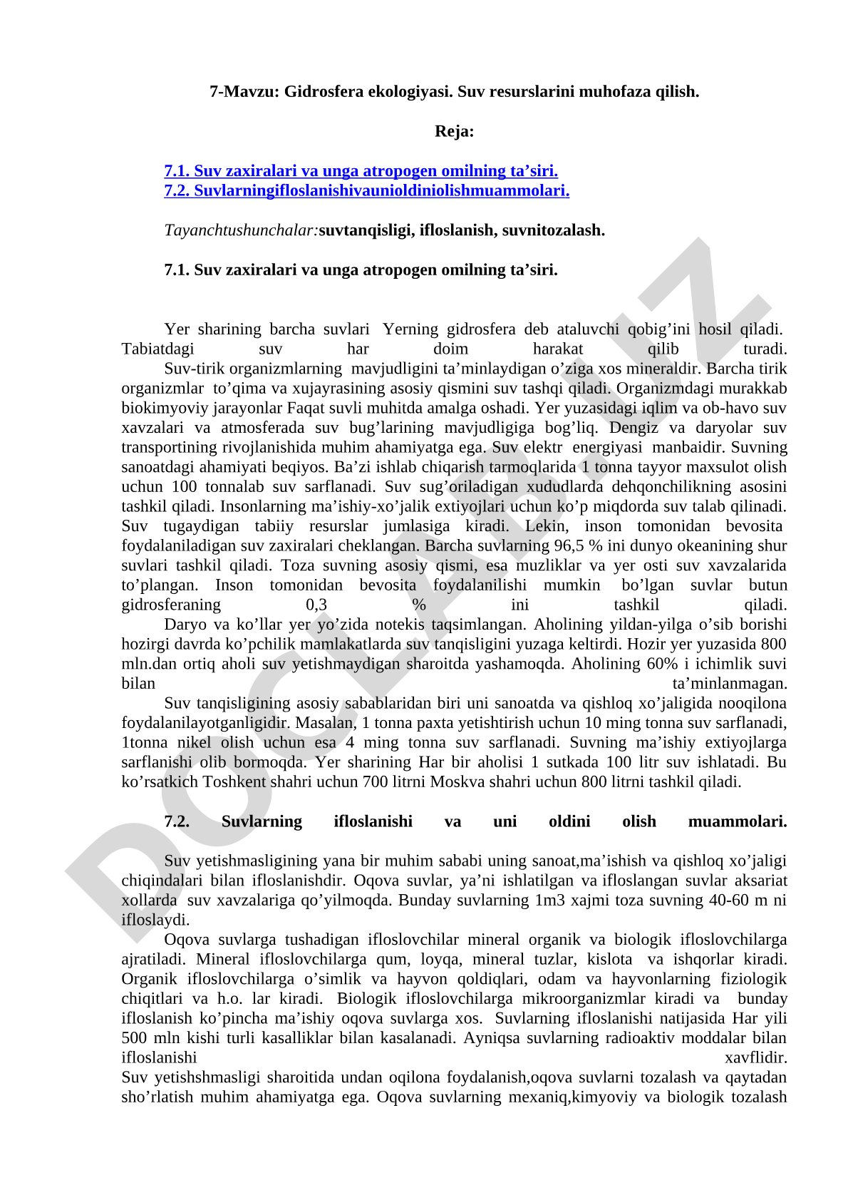 Gidrosfera ekologiyasi. Suv resurslarini muhofaza qilish