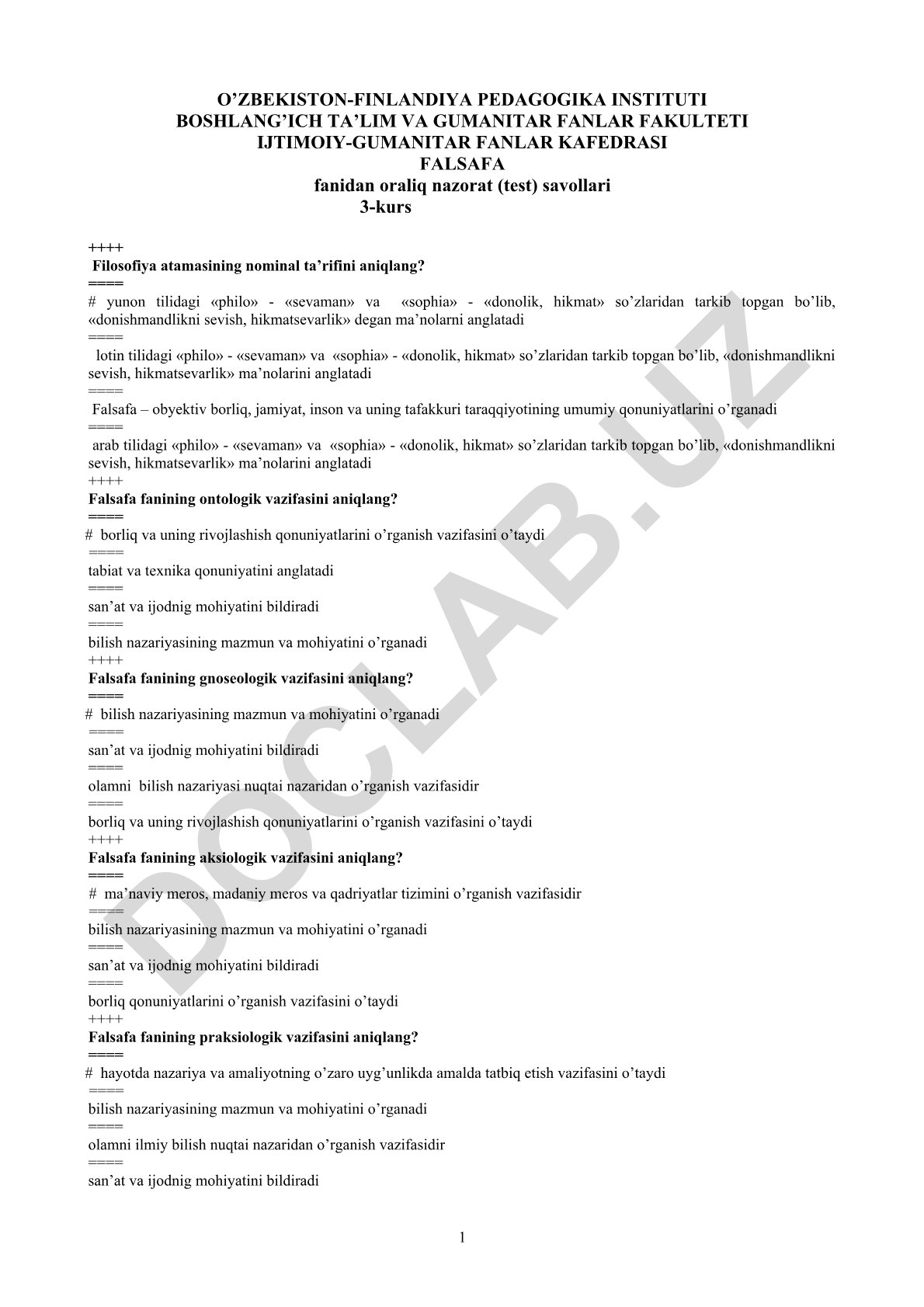 Falsafa fanidan oraliq nazorat test savollari