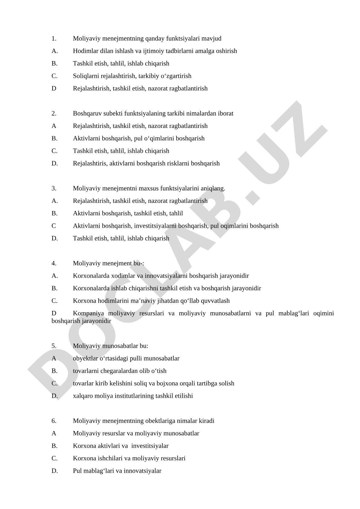 Moliyaviy menejment bo'yicha test savollari