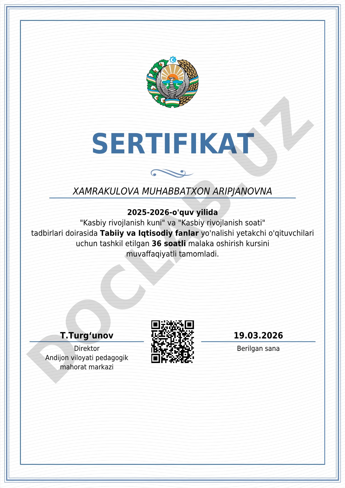 Malaka oshirish kursini muvaffaqiyatli tamomlagan o'qituvchi