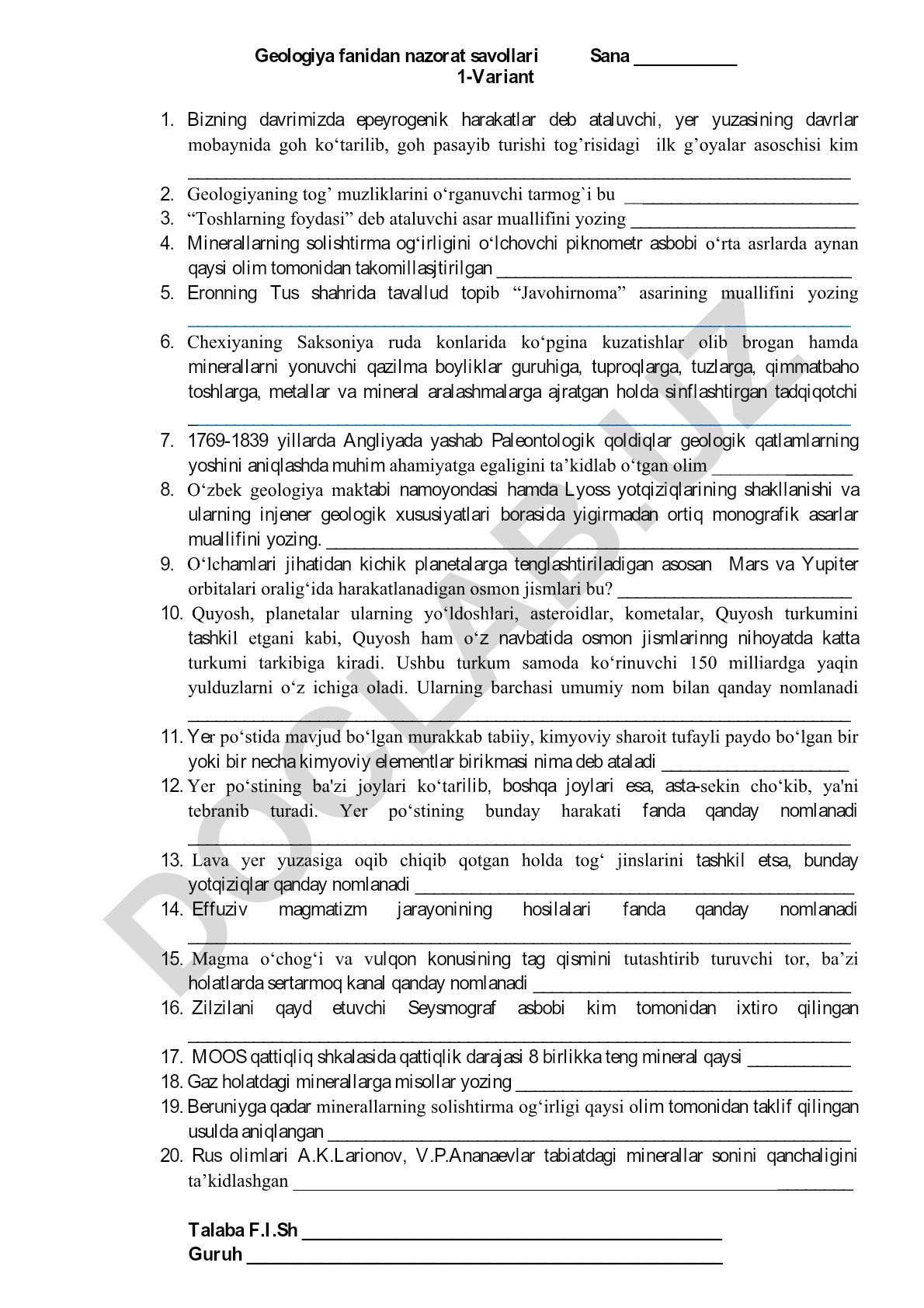 Geologiya fanidan nazorat savollari